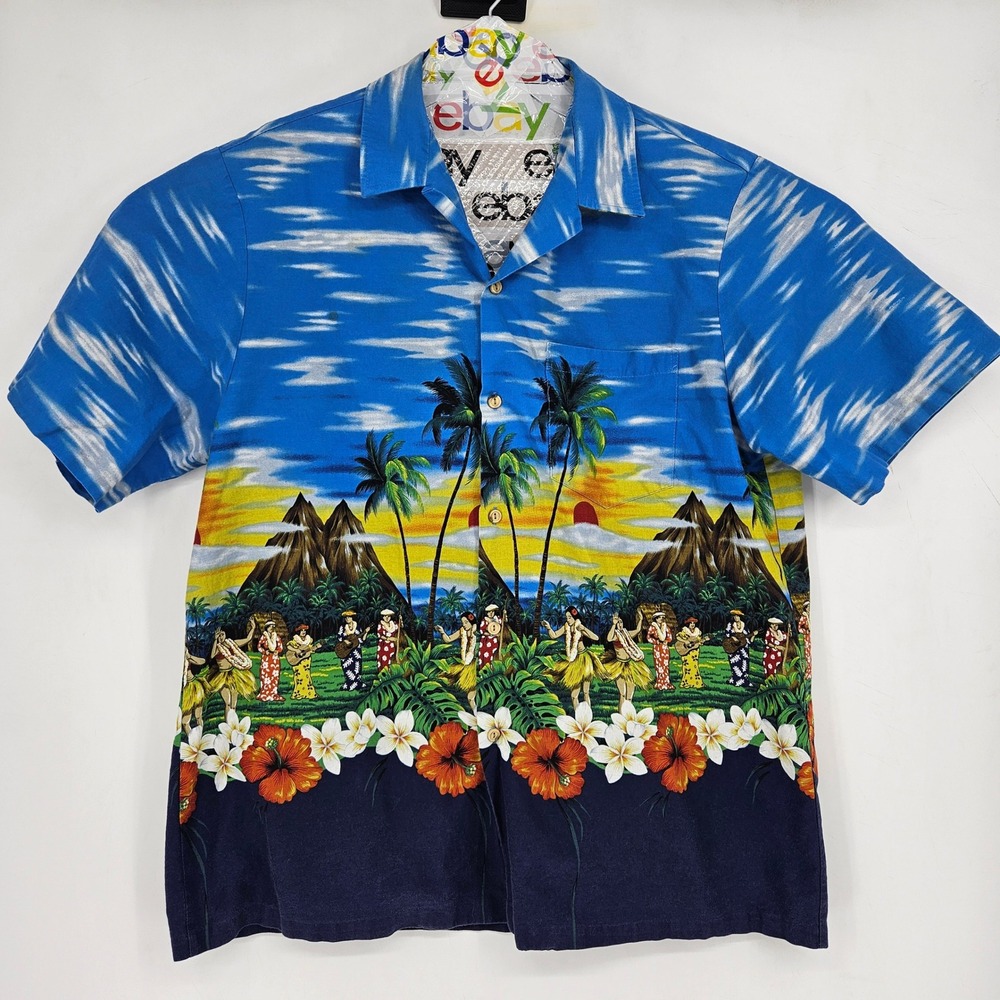 Vintage RJC Hawaiian Shirt Mens XL Short Sleeve Hula Dancer All Over Print
